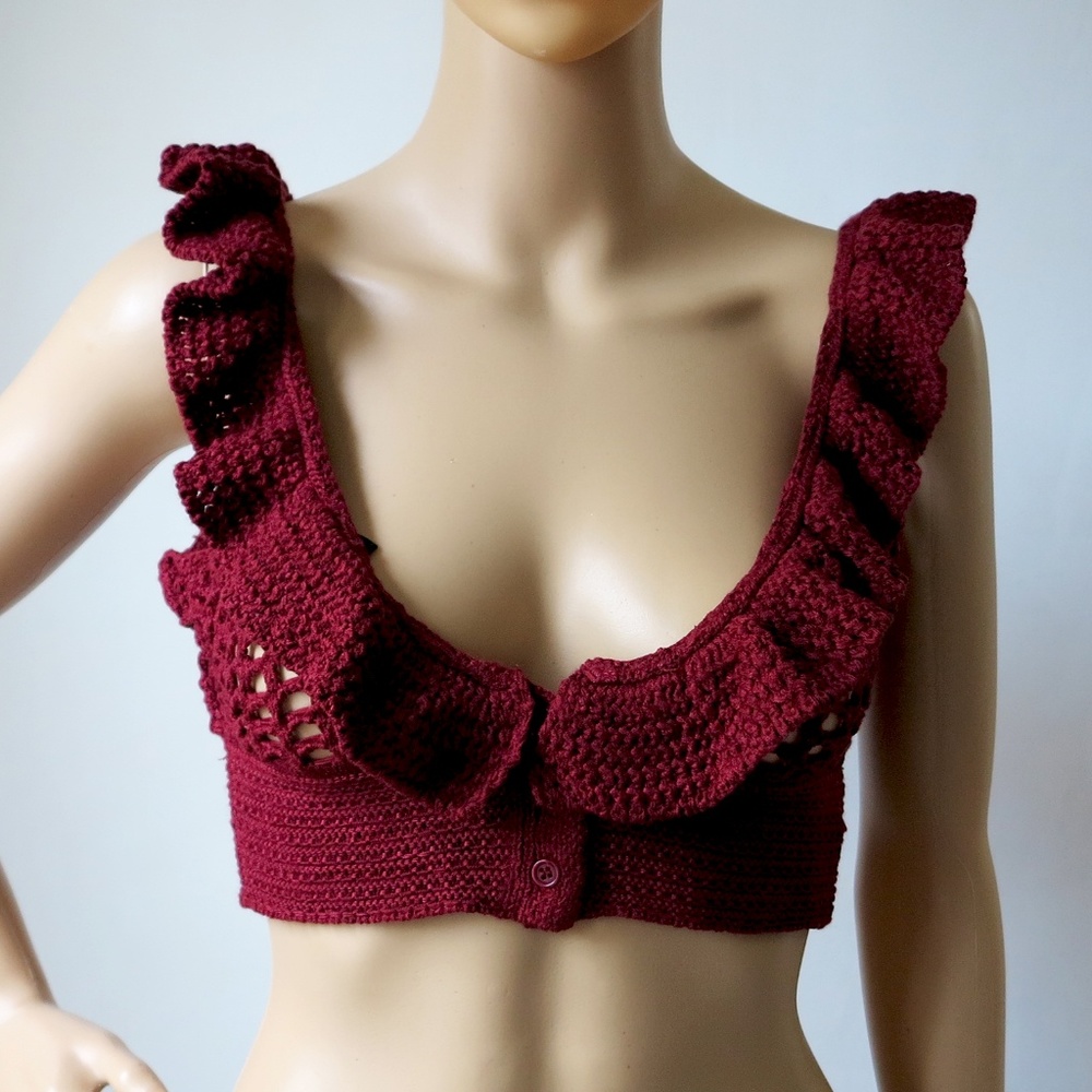 BCBG MAXAZRIA Woven Knit Ruffle Maroon Crop Top